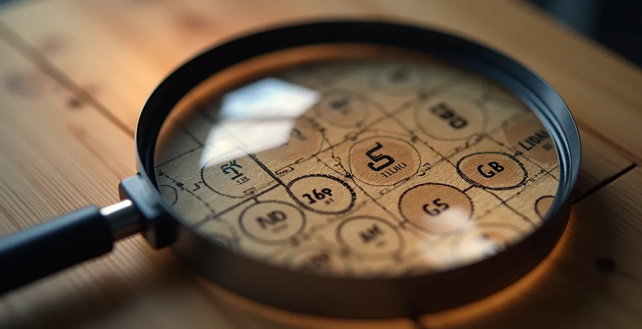 Loupe grossissante examinant une surface de bois avec motifs abstraits représentant l'analyse des coûts