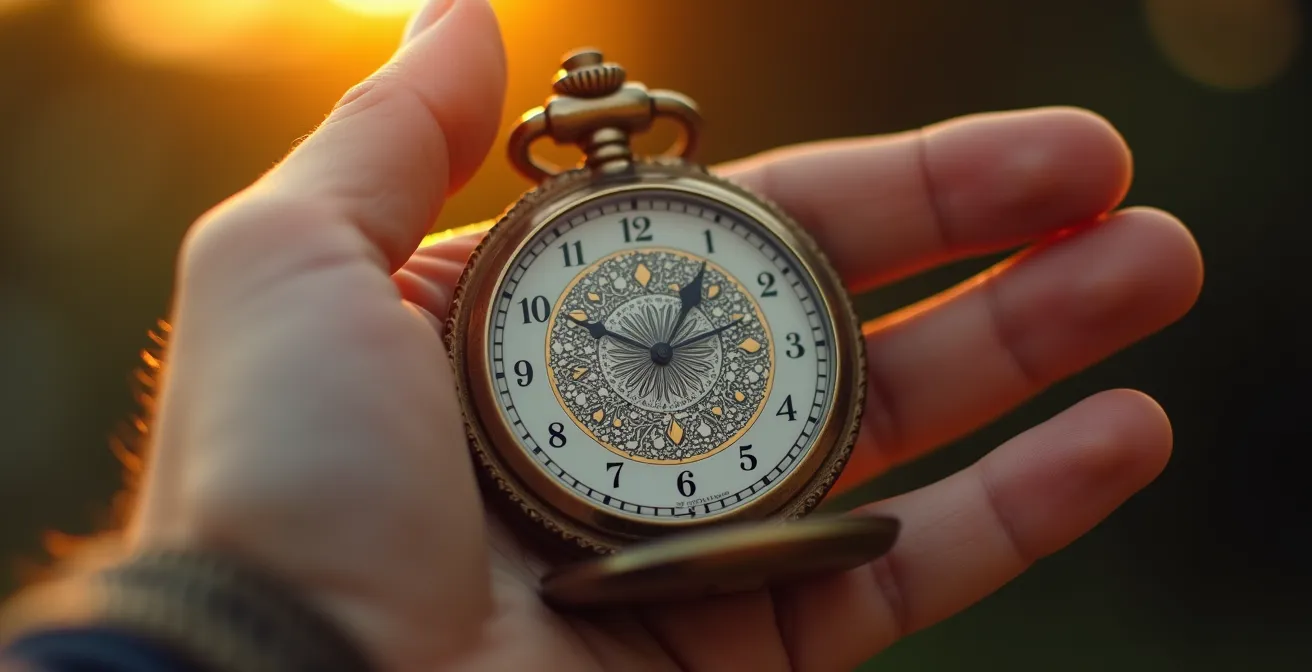 Main tenant une horloge de poche vintage avec cartons flous en arrière-plan