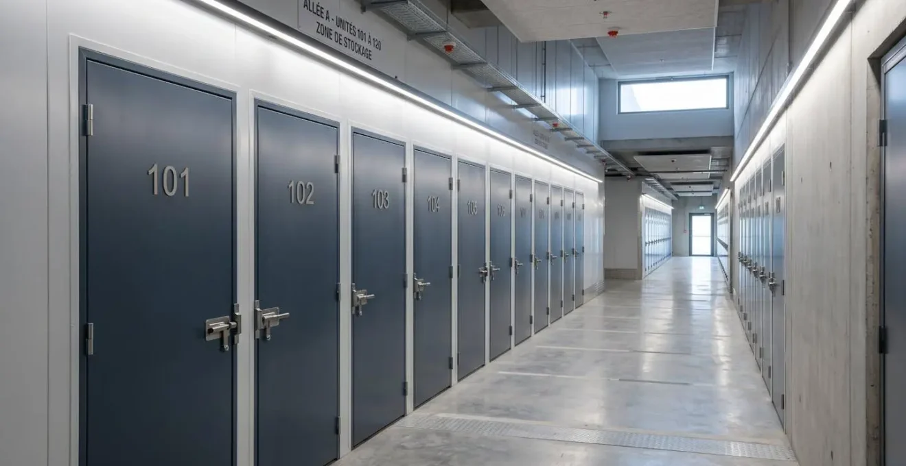 Couloir intérieur d'un centre de self-stockage contemporain avec portes de box numérotées et éclairage LED indirect