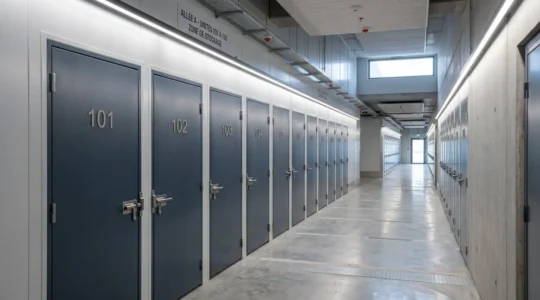 Couloir intérieur d'un centre de self-stockage contemporain avec portes de box numérotées et éclairage LED indirect