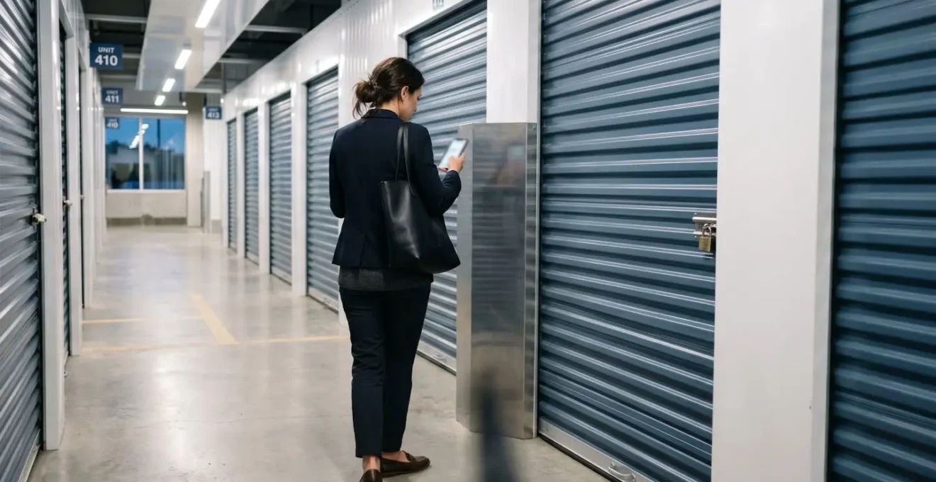 Femme en tenue professionnelle décontractée de dos consultant son téléphone portable face à la porte d'un box de rangement en fin de journée