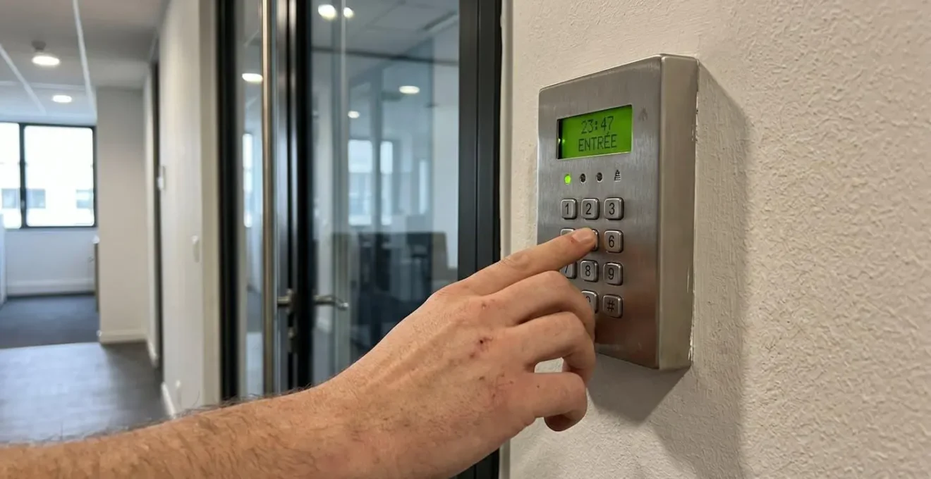 Main en gros plan saisissant un code d'accès sur un clavier de sécurité numérique affichant l'heure 23h47 avec arrière-plan flouté